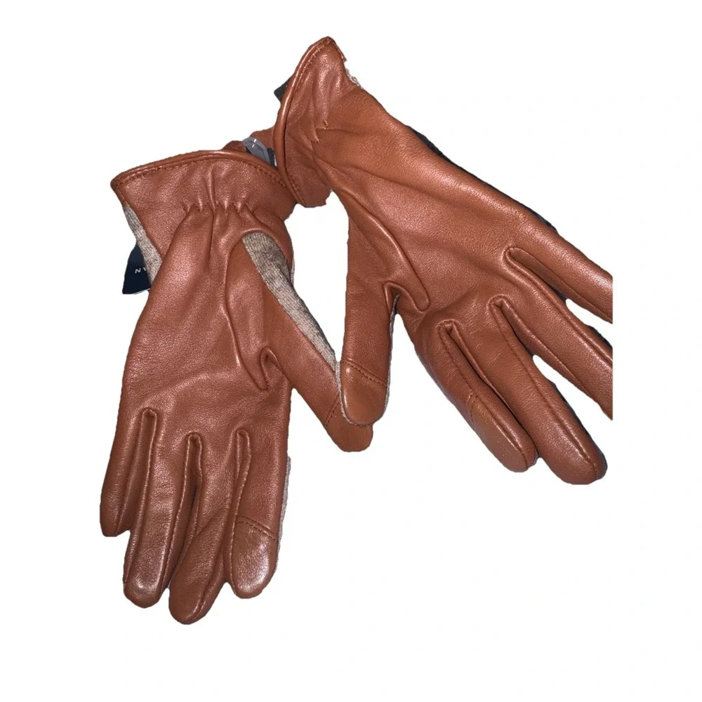 Cole Haan Women Woven Backed Gloves Sz S Teak Colorblock‎ Brown Tan Wool Leather